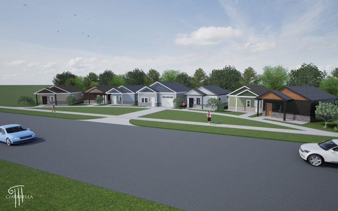 Rendering of street with several homes