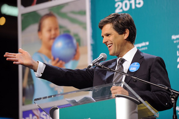 Special Olympics Chairman Tim Shriver announces that Los Angeles will host the organization's 2015 World Games. ESPN has agreed to broadcast the games on its networks and online. (Special Olympics)